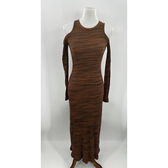 ZARA Brown Knit Cold Shoulder Long Sleeve Midi Dress Size S New NWT Ribbed - Picture 5 of 14
